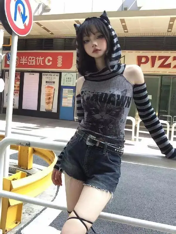 HOUZHOU Cat Hooded Openwork Striped Color-Blocked Long Sleeve T-shirt Gray Black Y2k Sweatshirt Japanese Style Cute Fitted Top