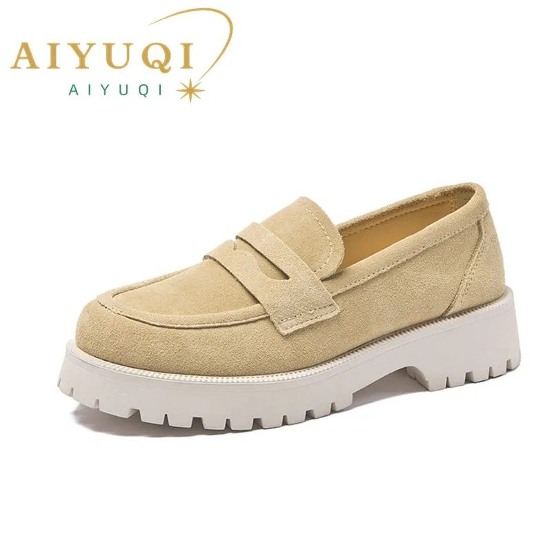 Aiyuqi-mocassins femininos de camurça, sapato de fundo grosso, estilo britânico, couro genuíno tamanho grande, feminino, primavera, 2022