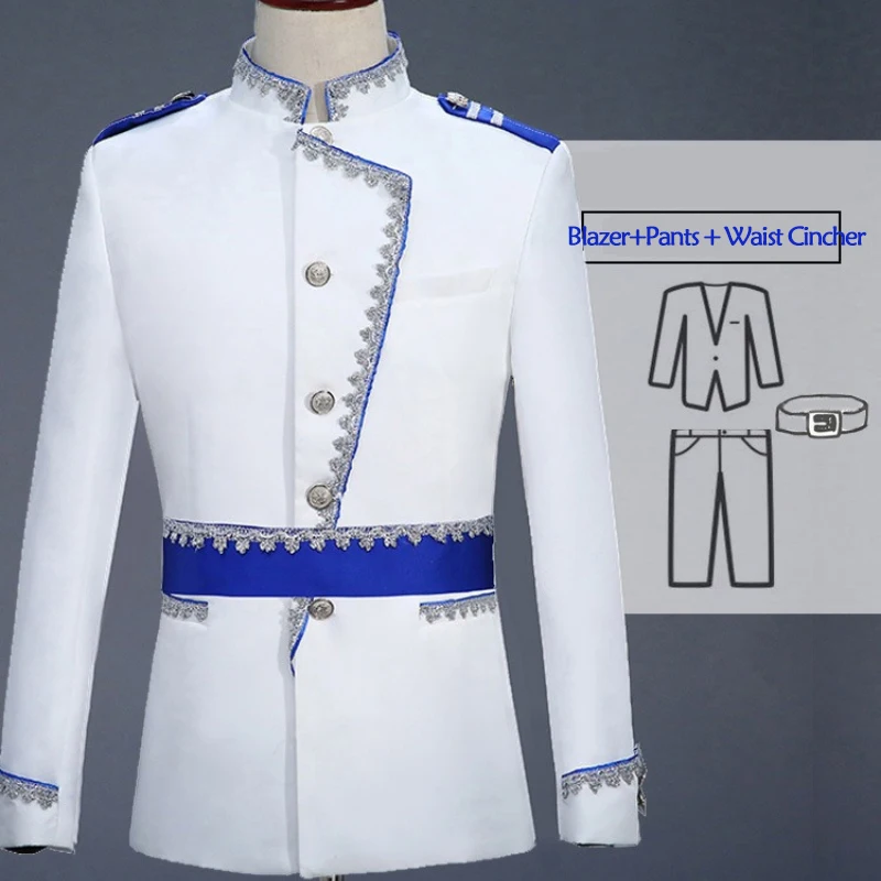2026 Stand Collar Lace European Court Army Suits for Men, Stage Annual Meeting White Prince Performance Jacket+Pants 2-piece Set