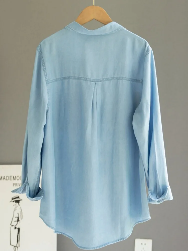 Chemisier en jean à manches longues pour femmes, poches chic coréennes, épissage irrégulier, simple boutonnage, chemise en jean, printemps, nouvelle