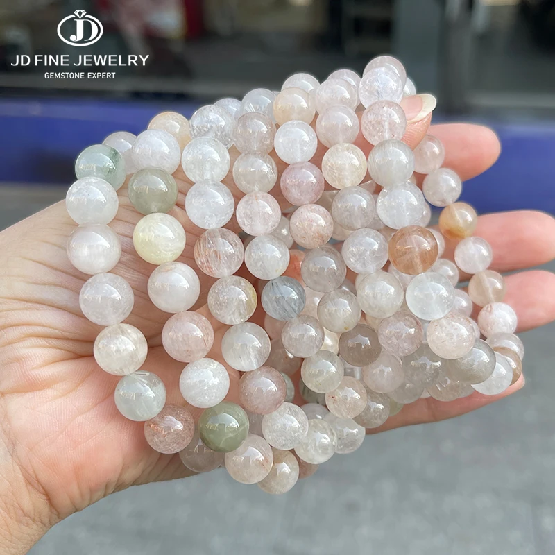 

JD 4A Natural Stone Light Multicolor Rutilated Quartz Round Bead Bracelets Women Fashion Reiki Healing Crystal Stretch Bangles