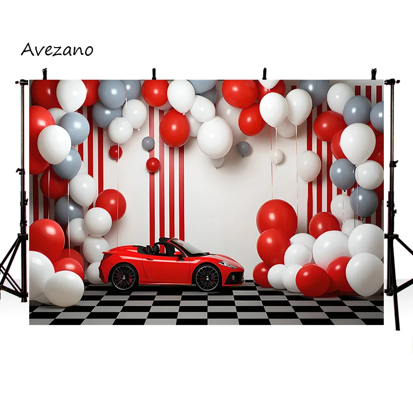 Avezano Racing Red Car Backdrop 2nd Birthday Cake Smash Checkerboard Party Decor Photography Background Poster Studio Props