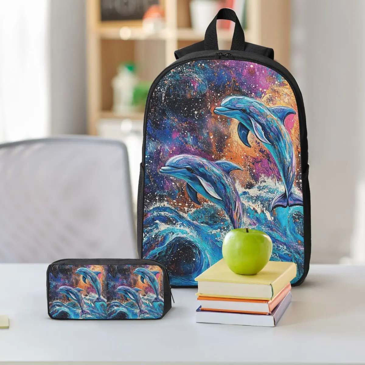 Two Charming Dolphin In Sea Backpack Boys Girls BookBag School Bag Shoulder Bags 3ps Insulated Lunch Bag Pencil Case