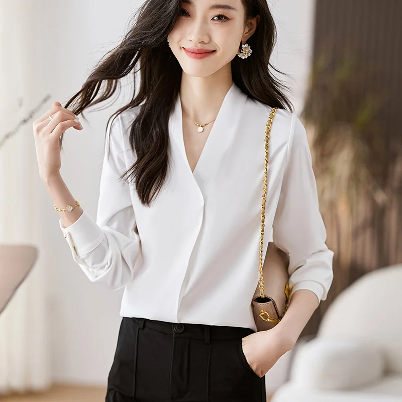 2024 Lente Herfst Nieuwe Koreaanse Editie Mode Veelzijdige V-Hals Lange Mouwen Chiffon Shirts Vrouwen Casual Effen Blouses Lady Tops