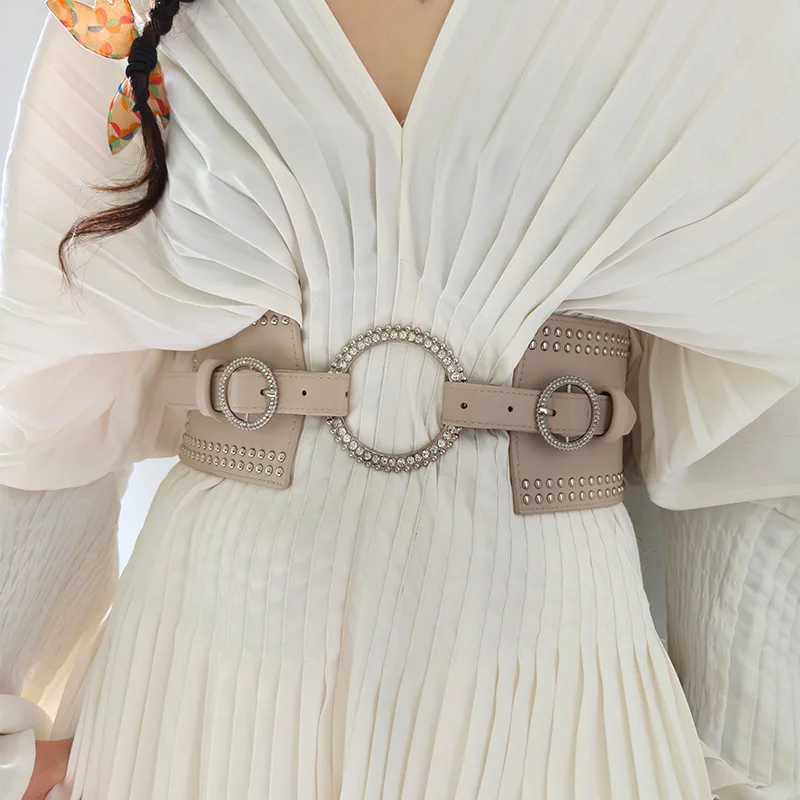 Fashion Ladies rhinestone Circle Corset Belt Elastic Pin Buckle Cummerbund Tie Rope Elegant Belt for Women Shirt Dress Waistband