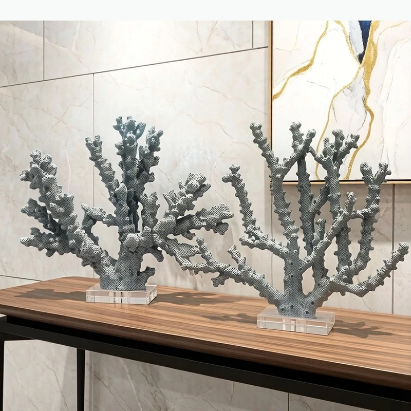 Ornements en corail bleu clair, artisanat en résine, décoration de table, sculpture de corail simulée, œuvre d'art moderne, décoration esthétique de la pièce