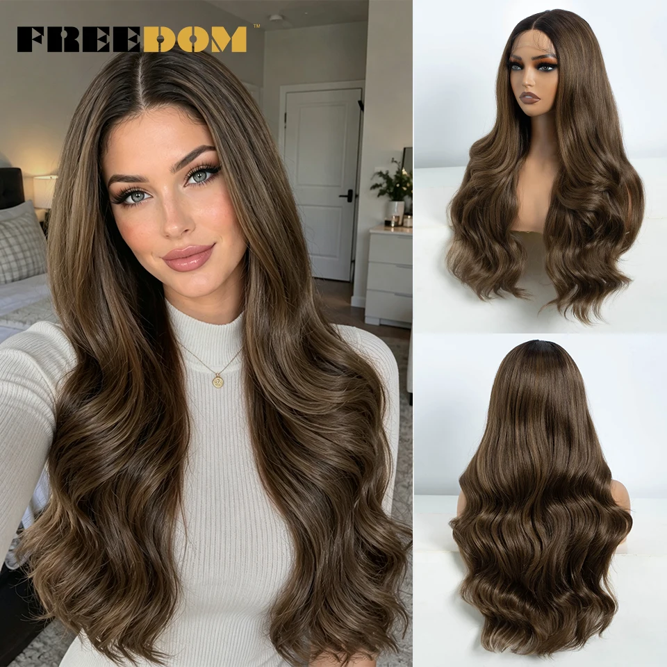 FREEDOM Synthetic Lace Front Wigs For Women Long Wavy Wig 26 Inch Body Wave Lace Wig Brown Ombre Blonde Grey White Cosplay Wig