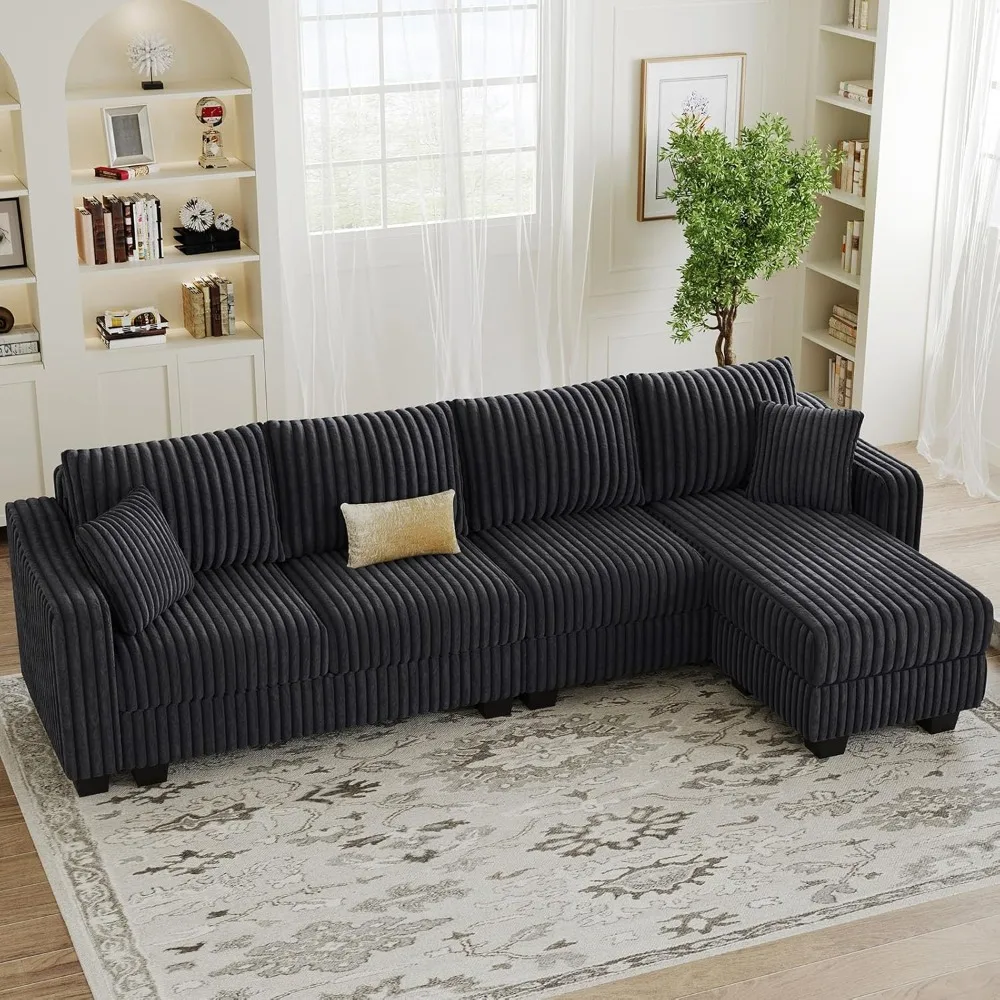 

US Shipping L Shaped Sectional Sofa with Chaise Lounge and Ottoman Corduroy Fabric Dark Grey