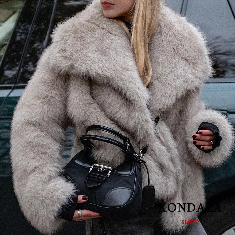 KONDALA Vintage Faux Fur Oversized Coats Women Fashion 2024 Spring Winter Thick Warm Jackets Casual Pockets Elegant Outwears