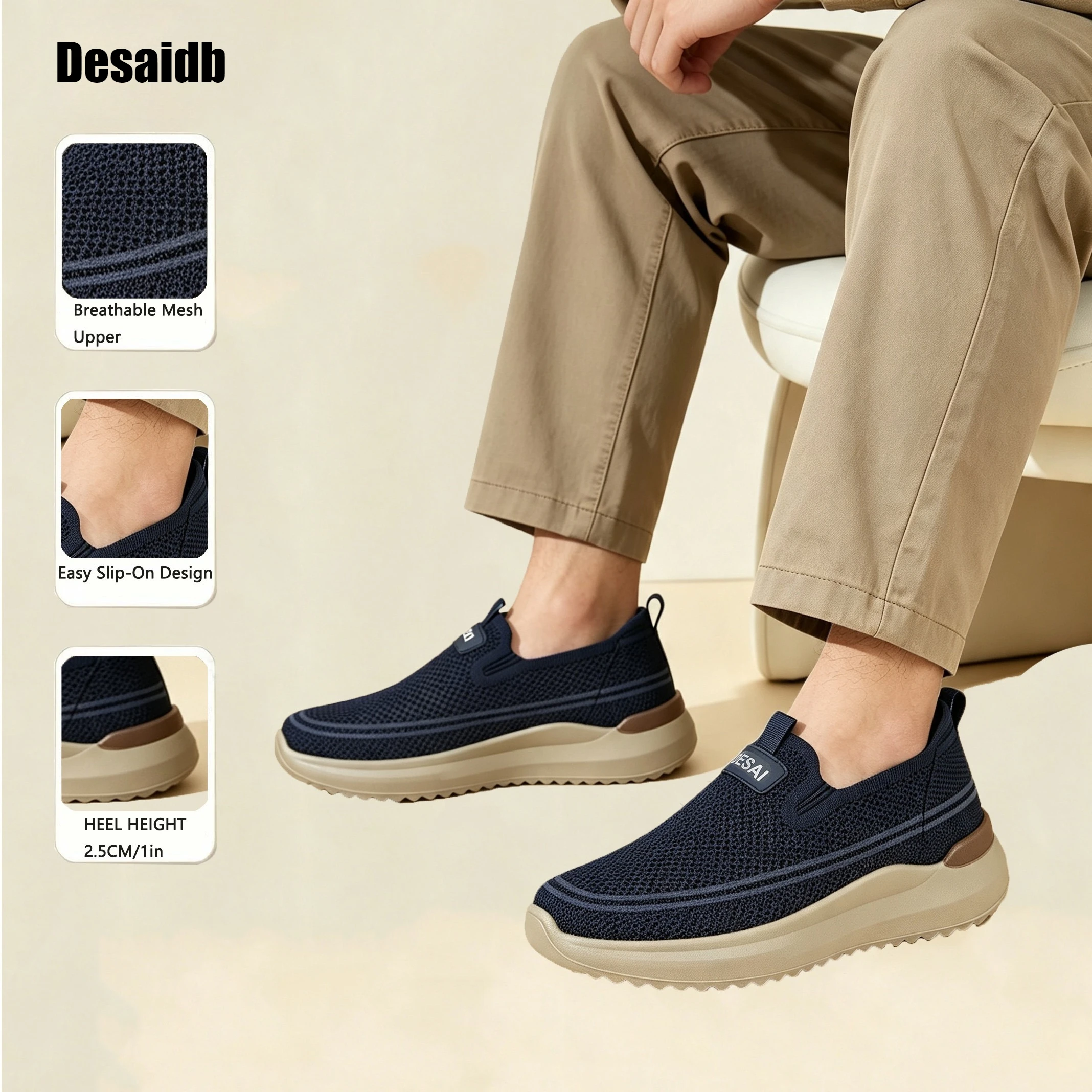 Desaidb Men's Lightweight Running Shoes, Mesh Breathable Casual Sneakers, Slip-on Soft Sole Comfy Commuter Walking Shoes