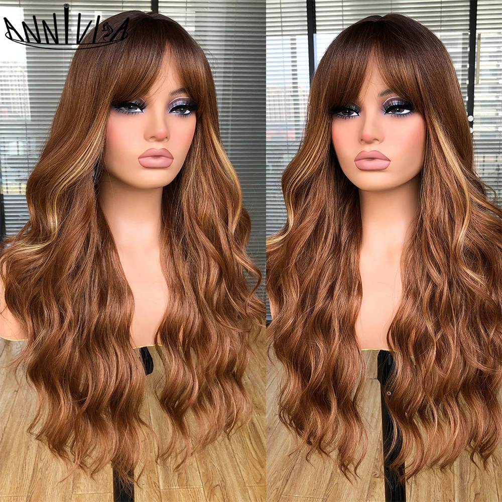 

Brown Blonde Ombre Synthetic Wigs with Bangs Long Wavy Wigs Daily Cosplay Party Use Heat Resistant Fibe for Women