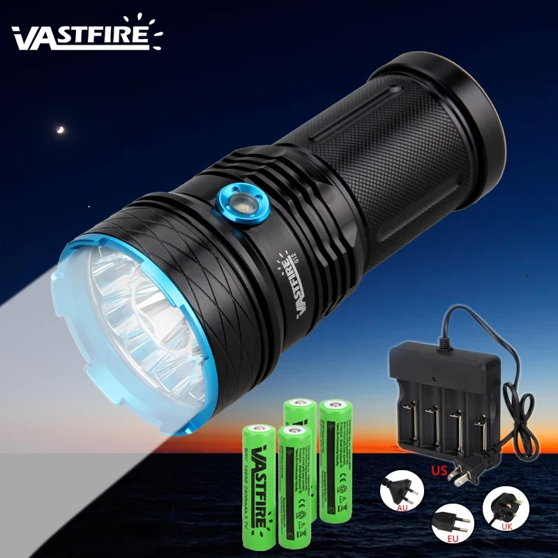 30000 lumens 500-800M Range Tactical Flashlight 12*LED Waterproof Super Powerful Torch+4*18650 Battery+Battery Charger