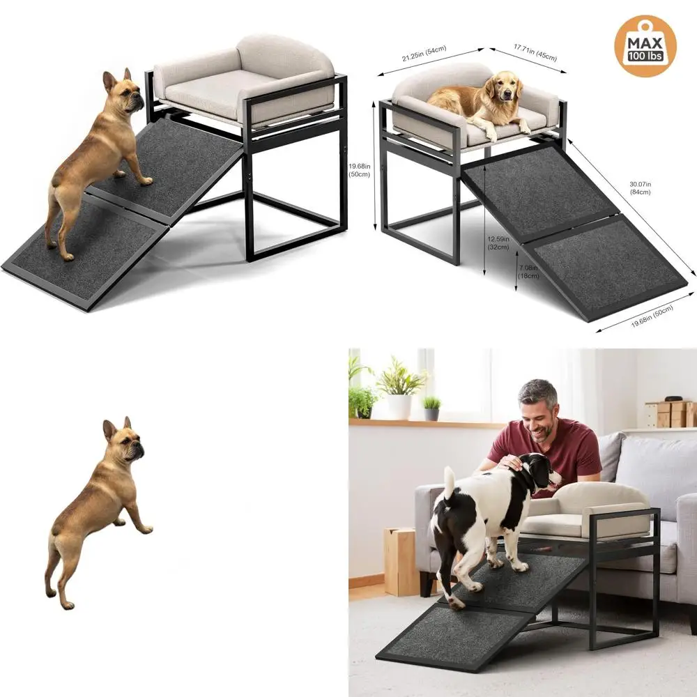 

Wide Seat Dog Ramp with Cushion, Metal Frame Pet Steps for High Furniture, Ideal for Small and Senior Dogs, Washable Cover, Khak