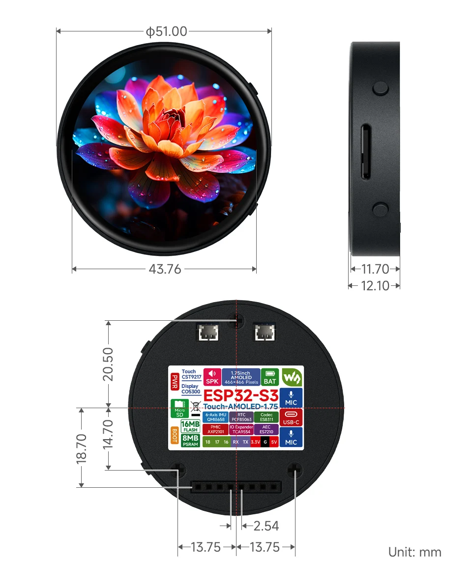 ESP32-S3 1.75inch AMOLED Round Touch Display Development Board, 32-bit LX7 Dual-core Processor, 466×466 Pixels, QSPI Interface