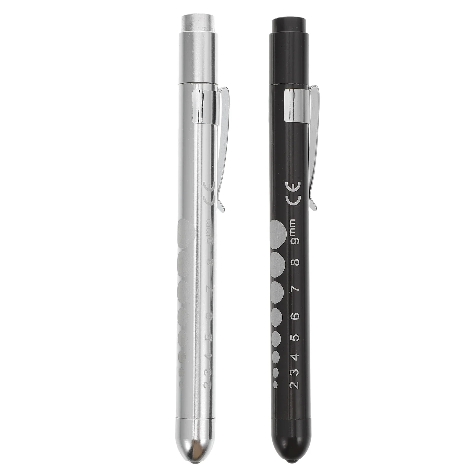 

2pcs Led Medical Black Silver Compact Durable Aluminum Alloy With Ruler Scale Push Button Doctor Nurse Inspection Tool