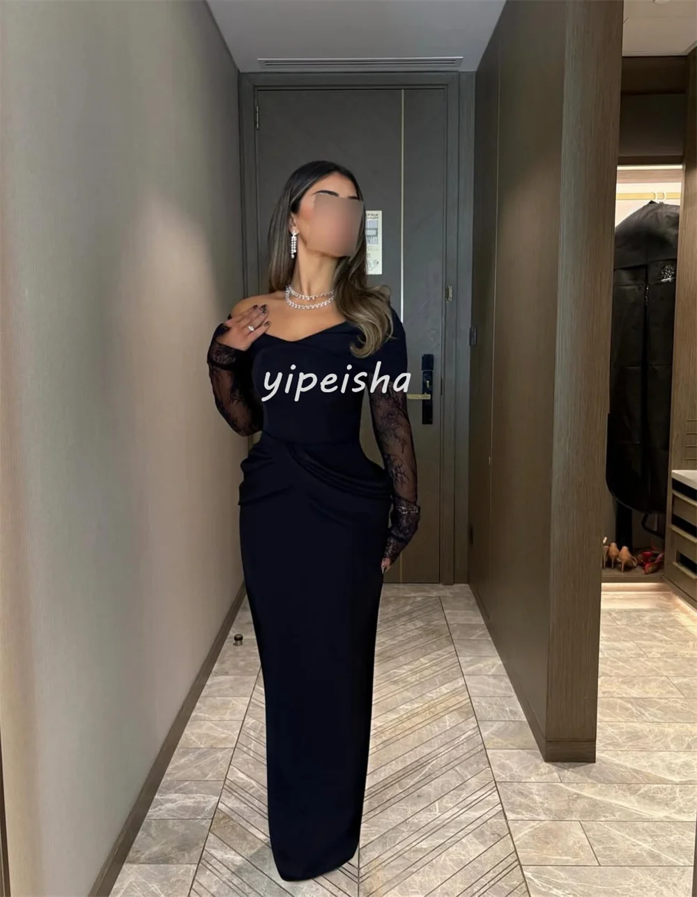 تخصيص رائعة كلاسيكية جيرسي الطية الدانتيل Ruched رايات مستقيم خارج على الكتف فساتين طويلة فساتين السهرة جودة عالية #3