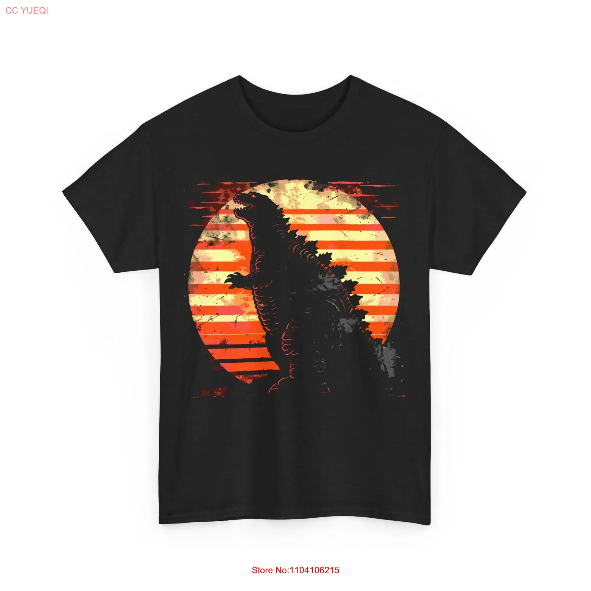 Japanese Radioactive Lizard Silhouette Against Retro Sunset T Shirt long or short sleeves