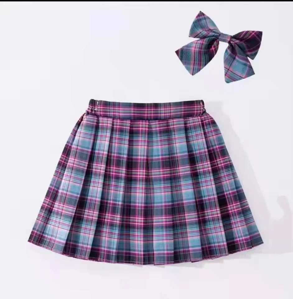 Teen Girls Checkered Skirt College Style Clothing Spring Summer Kid Fashion JK Striped Pleated Skirt with Bow Tie for 3-12 Years
