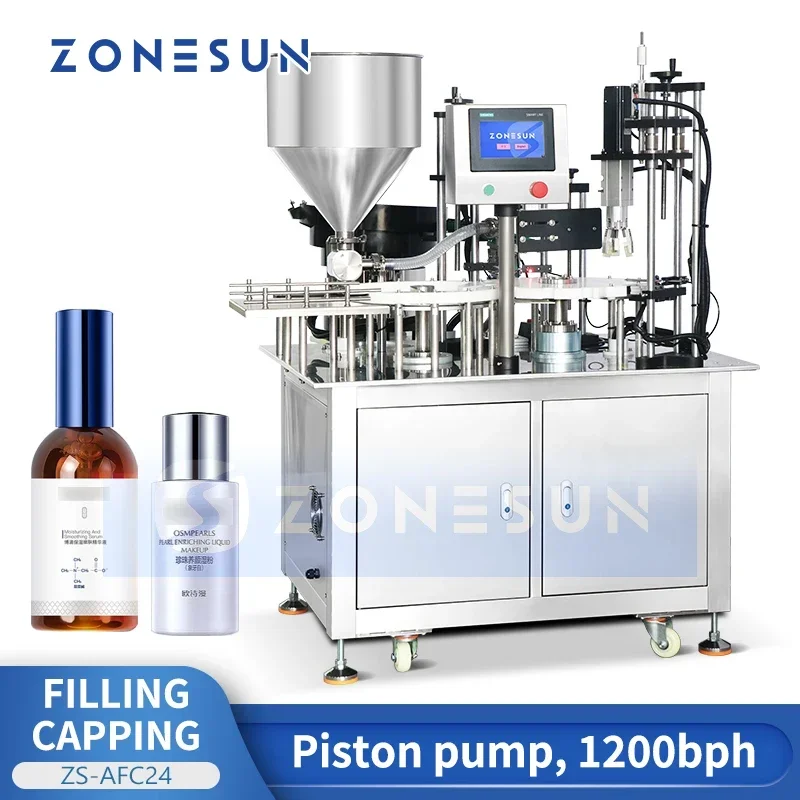 ZONESUN All In One Packaging Automatic Bottle Filling and Capping Machine Cap Feeder Servo Mototor Piston Pump ZS-AFC24