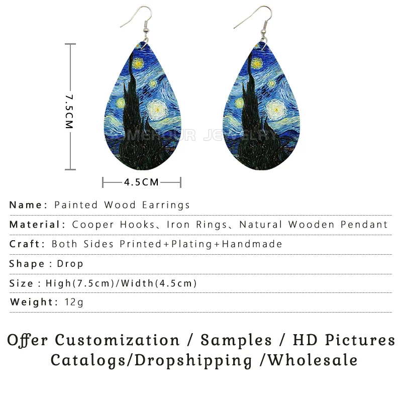 SOMEHOUR Van Gogh Portrait Art Wooden Drop Earrings Wheat Field Starry Sky Sunflower Paint Teardrop Dangle Jewelry For Women