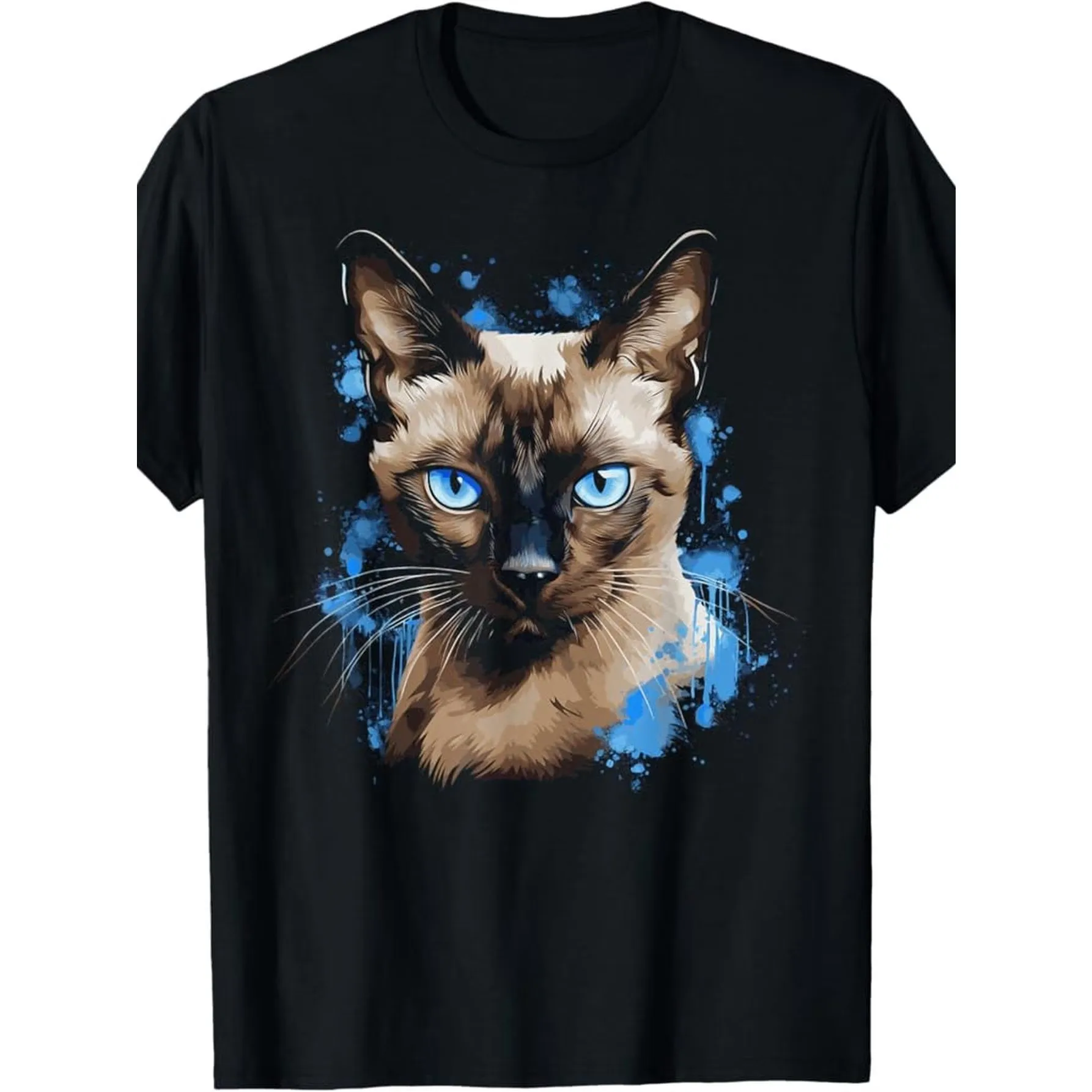 Mens Artistic Siamese Cat With Striking Blue Eyes And Vibrant Blue Splashes Graphic Tees Print T shirts Short Sleeve