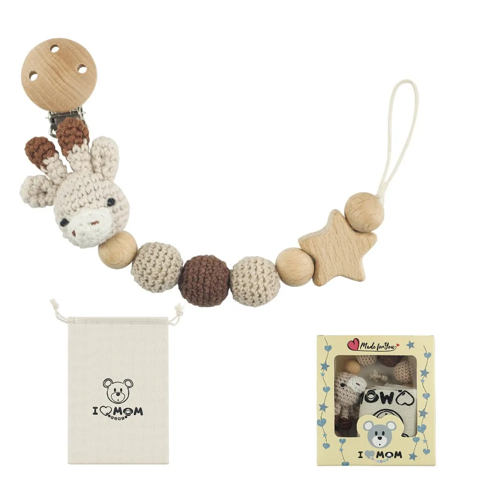 Baby Houten Fopspeen Clip Hout Gehaakt Cartoon Tandjes Fopspeen Ketting Voor Bpa Vrije Verpleging Kauw Speelgoed Baby Dummy Houder Ketting