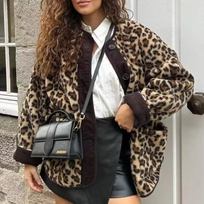 

2025 Autumn Women's Leopard Print Jacket Round-Collar Long-Sleeve Coats Bold Statement Outerwear Daily Casual Jackets Coats