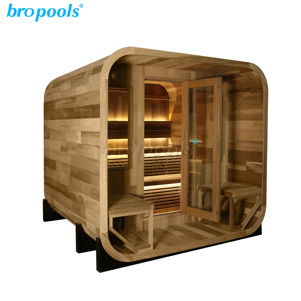 Modern Design Outdoor Cube Red Cedar 4-Person Electric Stove Heater Dry Steam Far Infrared Sauna Room Eco-Friendly Health Smart