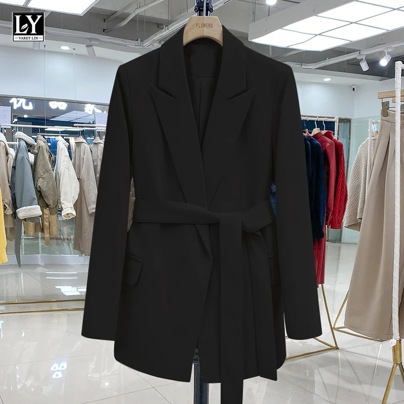 LY VAREY LIN New Spring Women Turn-down Collar Sash Tie Up Blazer Elegant Office Lady Beige Black Long Sleeve Blazer with Belt