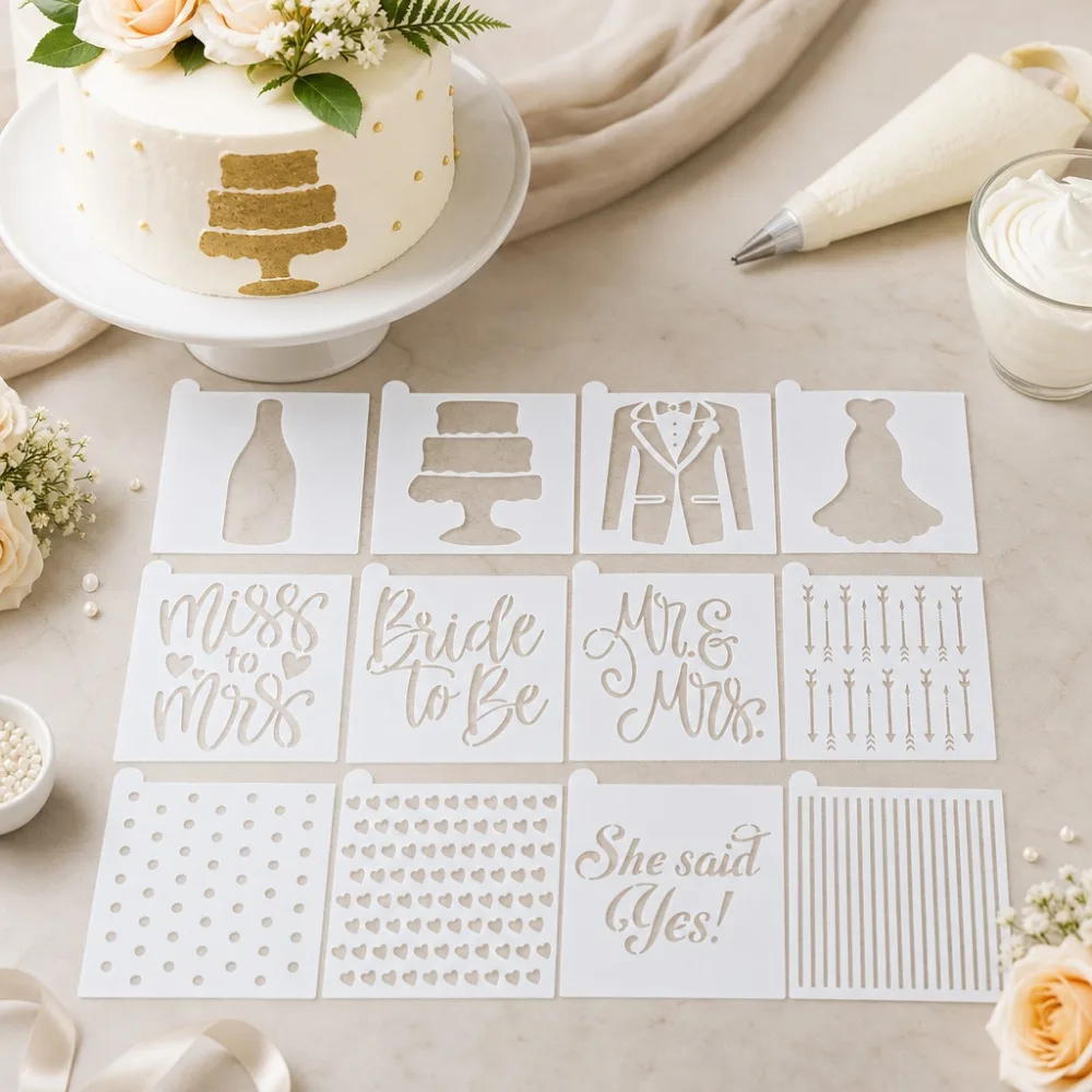 12Pcs Wedding Engagement Cookie Stencils, PET Template for Royal Icing Cookie,Cake Baking & Wedding Handmade Card Decoration
