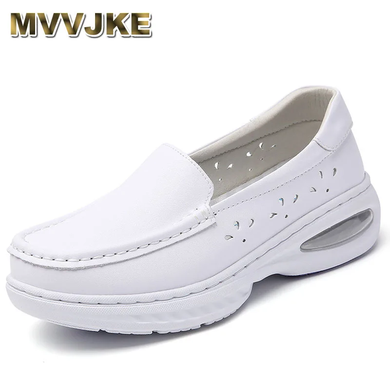 

Women's Thick Heel Work Shoes Breathable Leather Slip-On Soft Bottom Anti-Slip Nursing Shoes White Cushioning Comfortable Footwe