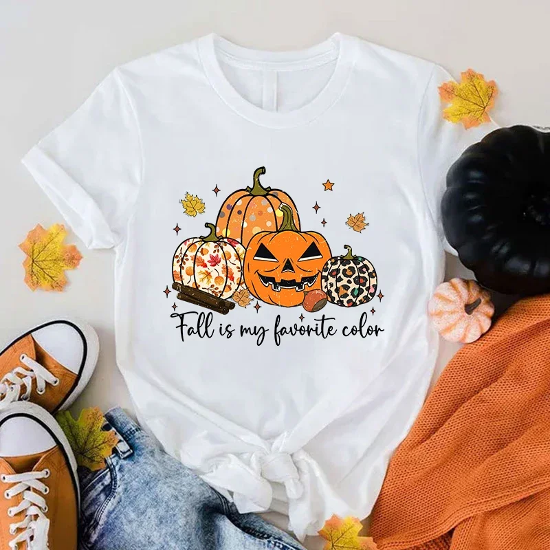 (Premium T-shirt)Funny Fall Pumpkin Is My Favorite Color Printed T-Shirts For Women Summer Short Sleeve Round Neck Cute Tops