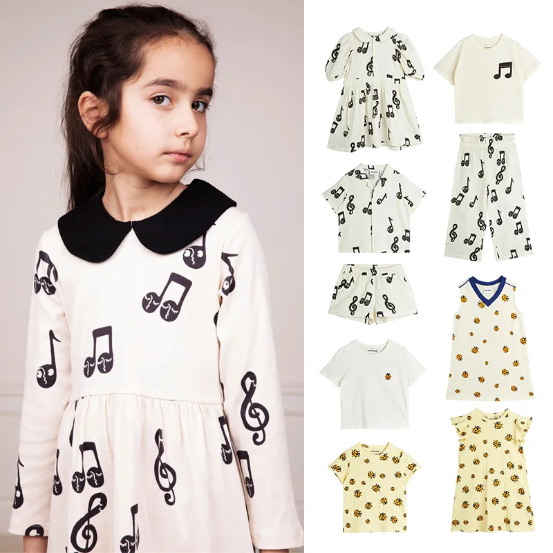

2025 Summer Girls' Set INS Fashion Musical Note Printed Girls' Dress Casual Cotton T-shirt Shorts Set Boys' Shirt Kids Clothes