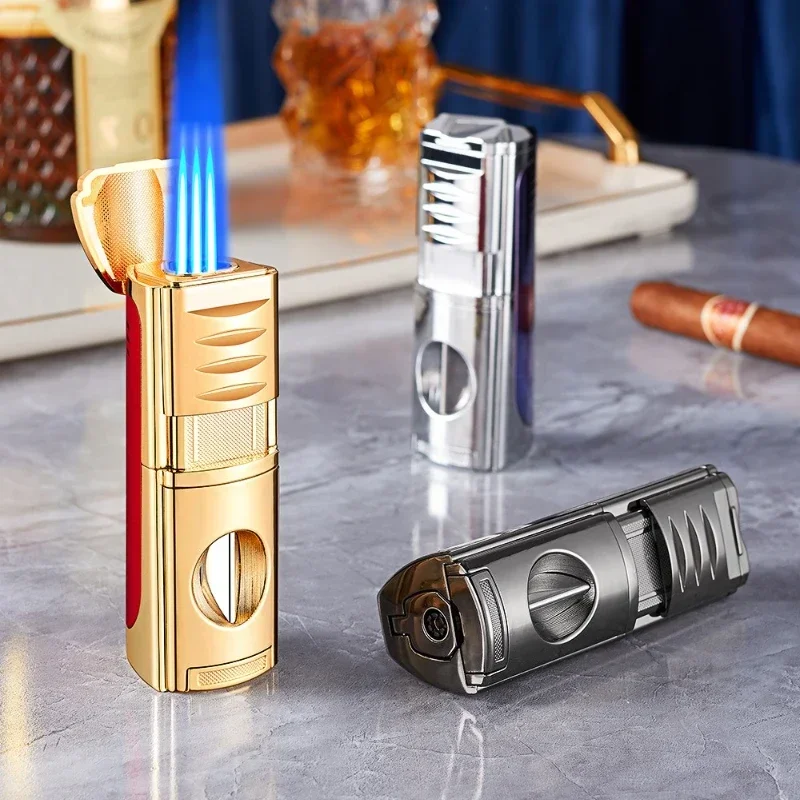 

Трехпожарная надувная бутановая зажигалка с прямым впрыском, специальная зажигалка, резак для сигар, держатель для сигарет, аксессуары, подарок