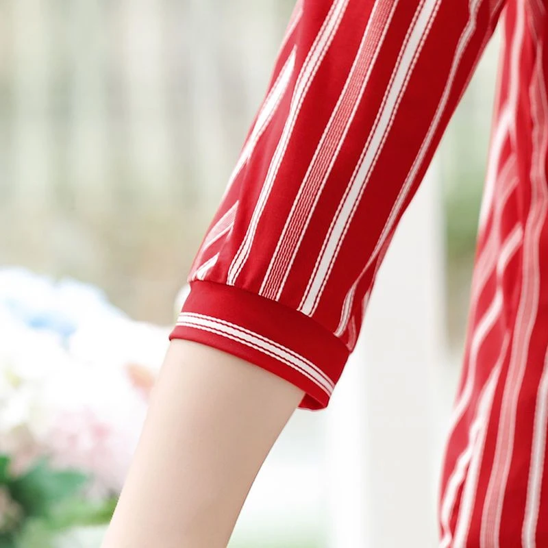 Summer New POLO Collar Fashion Three Quarter Blouse Women Elegant Casual Loose Pullovers Button Patchwork Striped Printing Tops