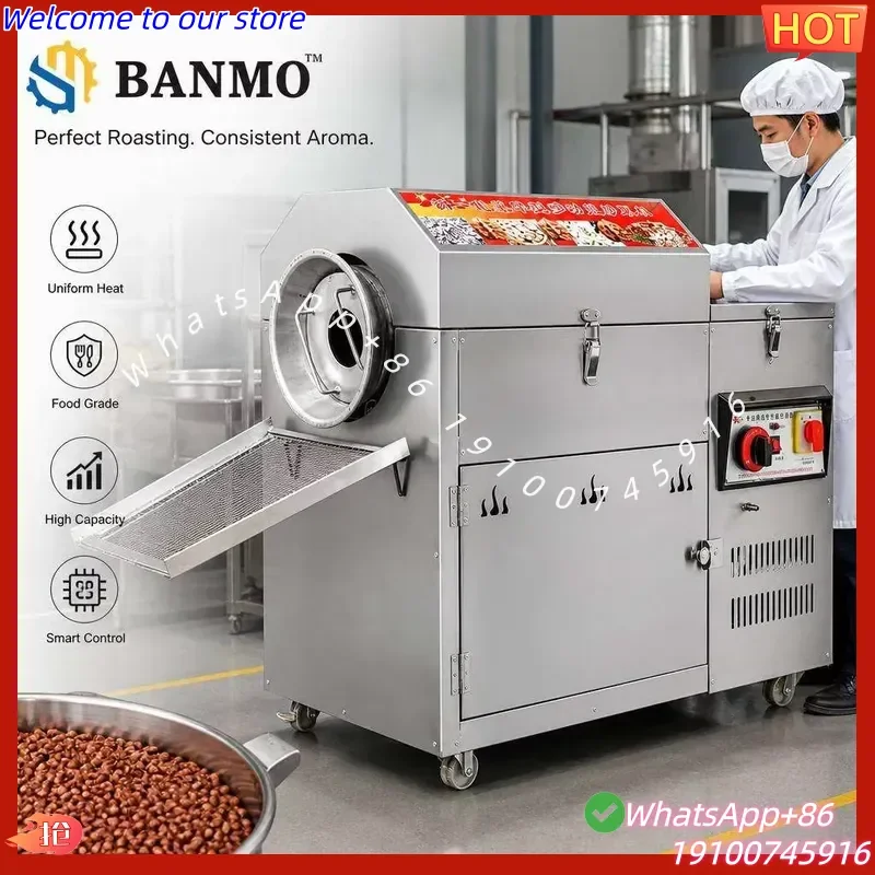 2026Hot BANMO Food-grade Stainless Steel Commercial Peanut and Walnut Roaster, Cylindrical Snack Seeds Roasting Equipment for