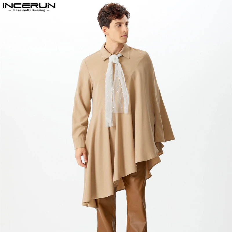 INCERUN-Chemise Egde à Volants et Manches sulfpour Homme, Blouse à Col à Revers, Couleur Unie, Tunique Simple Décontractée, Patchwork, EATIONS Ant Y-Men, 2024