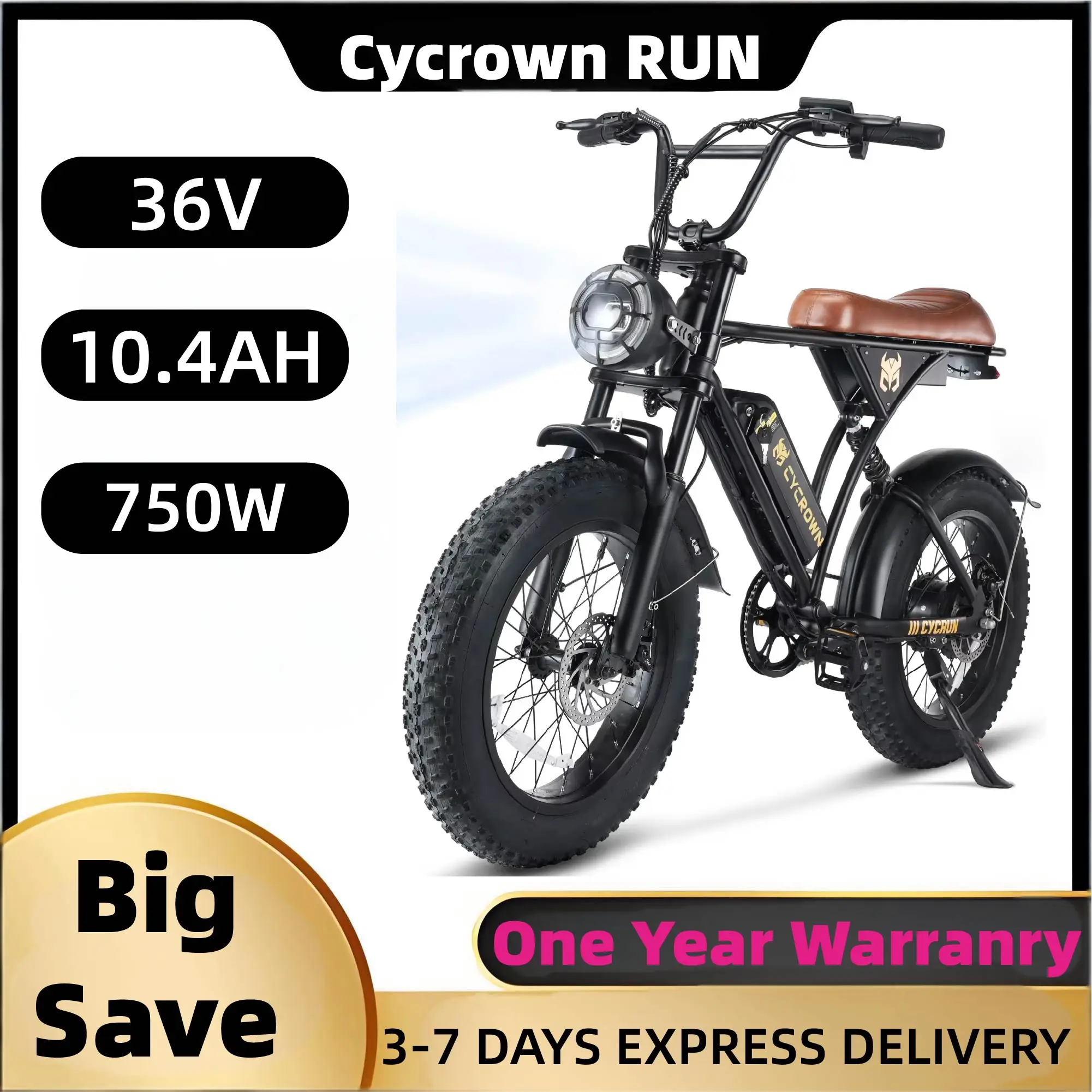 

Cycrown RUN adult E-bicycle 750W electric bicycle 36V 10.4Ah dual battery, 20-inch fat tire off-road E-Mountain bike