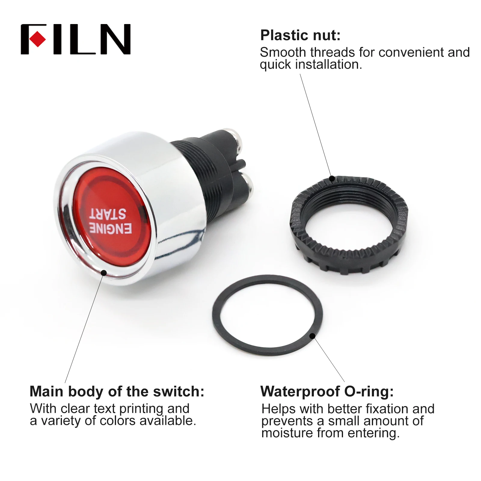 FILN 12V Momentary Ignition Switch 50A 3 Pin SPST LED Metal Shell ON OFF for Cars Marine RV Easy Installation