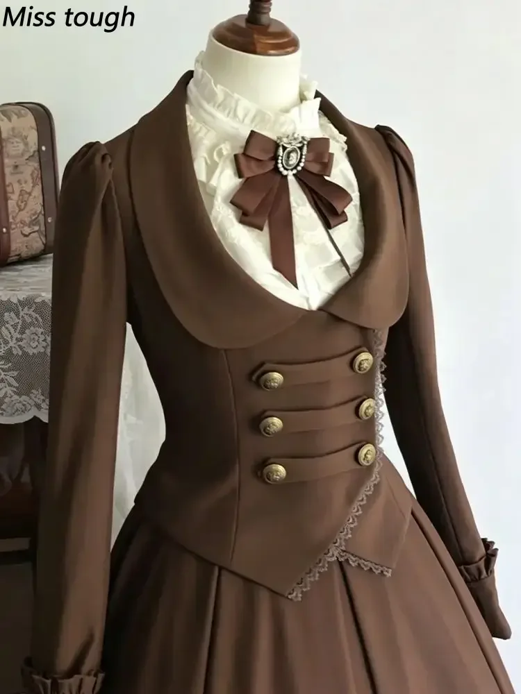 Fall Winter Vintage French Elegant Lolita Japanese Women's 3 Pieces Set Brown Jacket + White Shirt + Midi Skirt Harajuku Outfits view 3