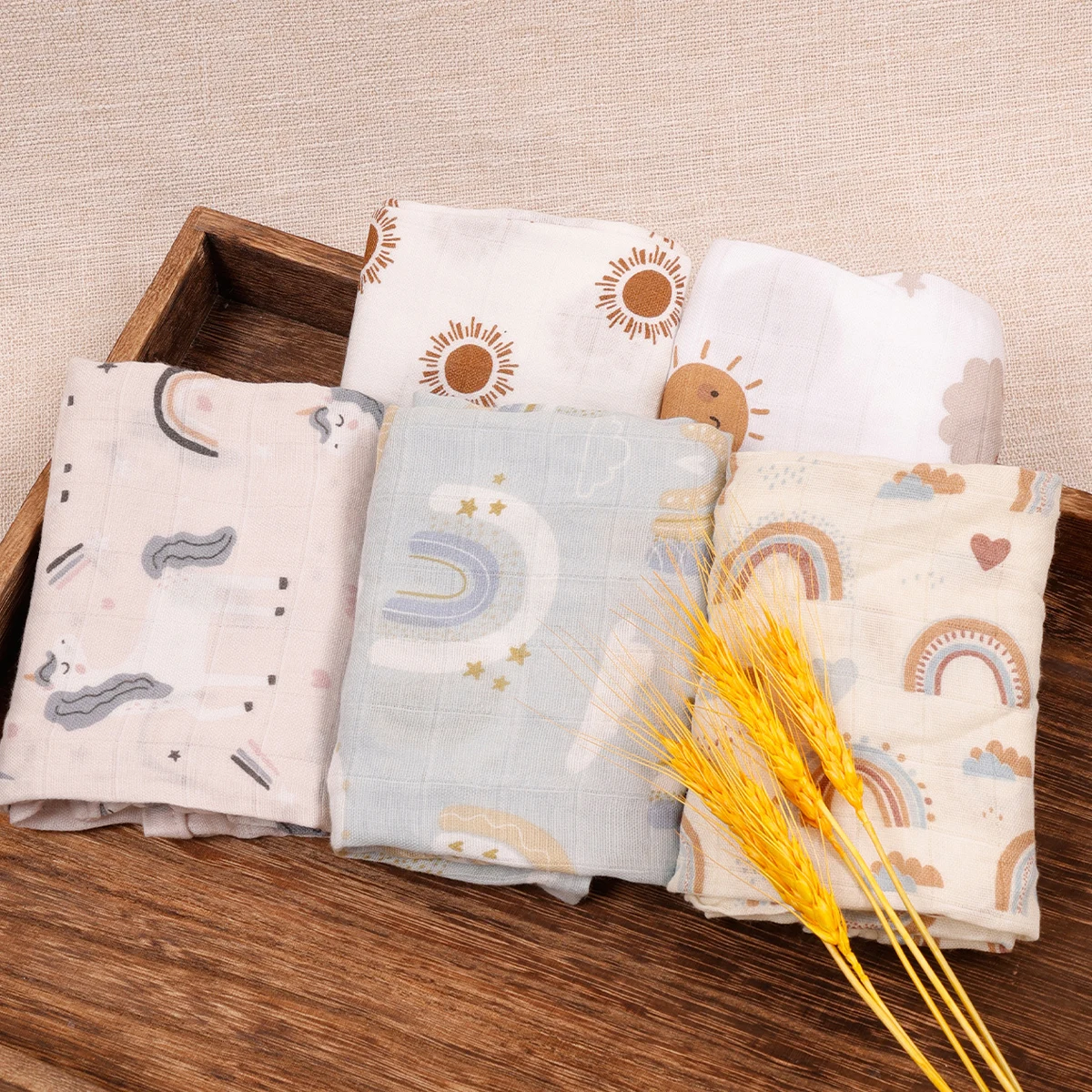 HappyFlute 60*60cm 5Pcs/set Multi-Use Feeding Burp Cloth Towel Super Soft Bamboo Cotton Muslin Blankets Baby Burp Cloth Set