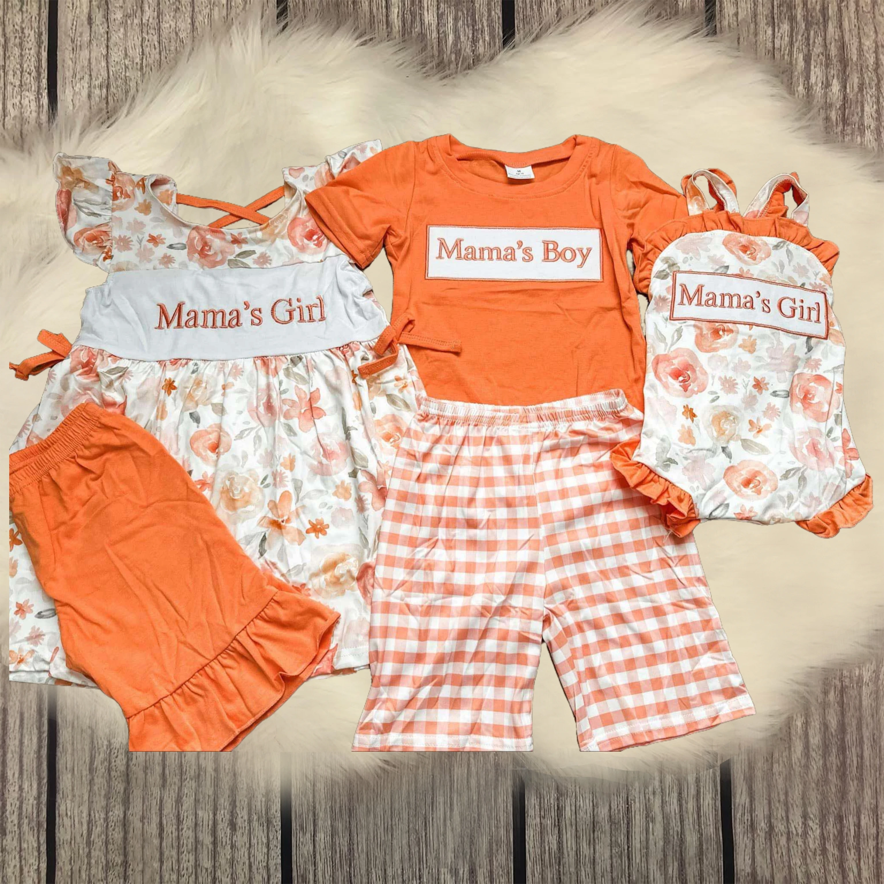

Wholesale Sibling Embroidery Baby Girls Boys Mommy's Girl Orange Floral Dresses Kids Rompers Toddler Children Clothes Sets