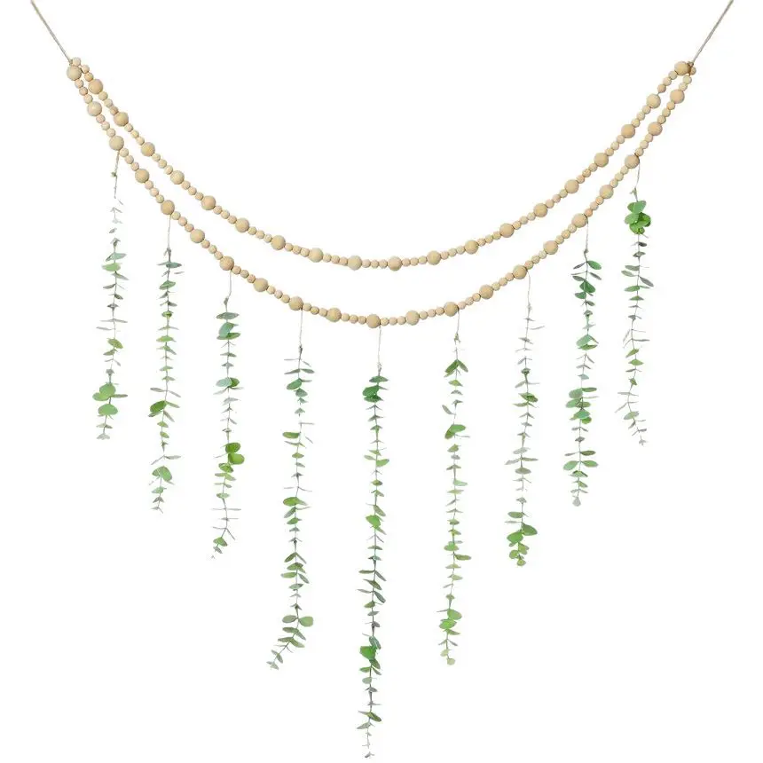Nordic Ins Wind Wood Bead Simulation Eucalyptus Leaf Hemp Rope Photo Storage Home Wall Hanging Decoration Beaded String