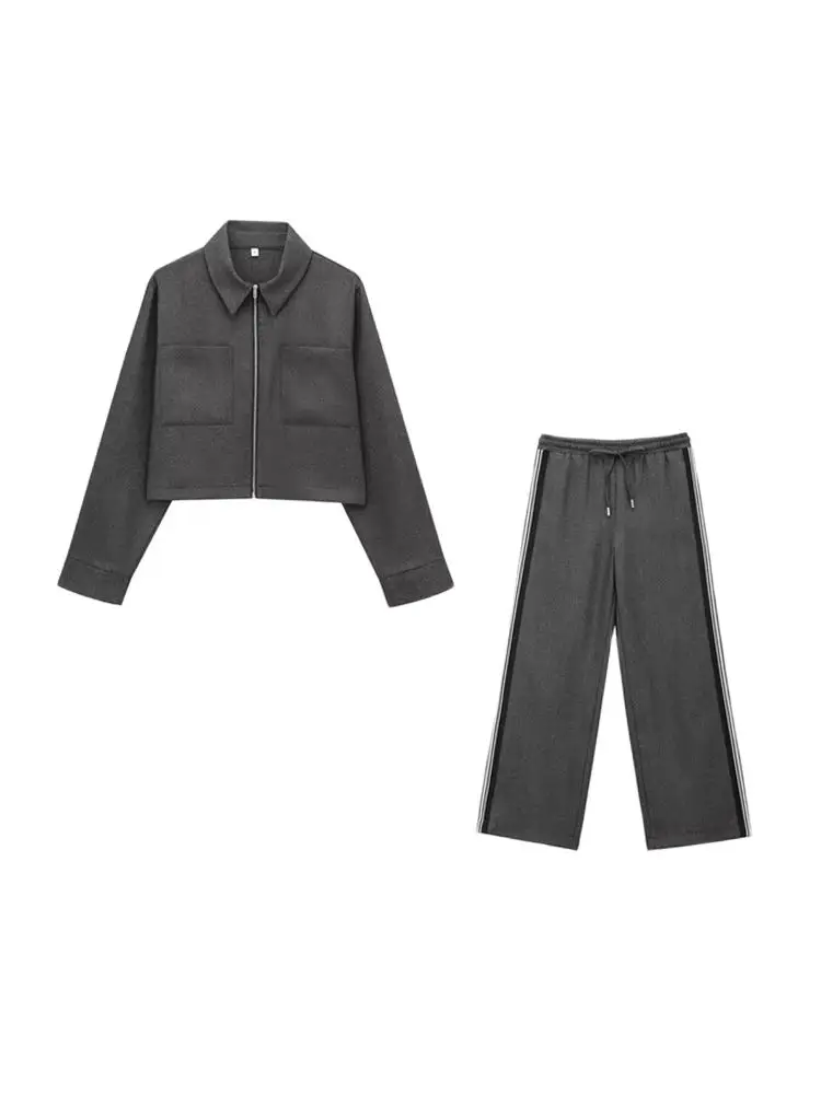 Frauen Mode Mit Seite Gestreiften Kurzen Jacke Mantel Und Hohe Elastische Taille Kordelzug Breite Bein Hosen Weibliche Zwei Stück Sets