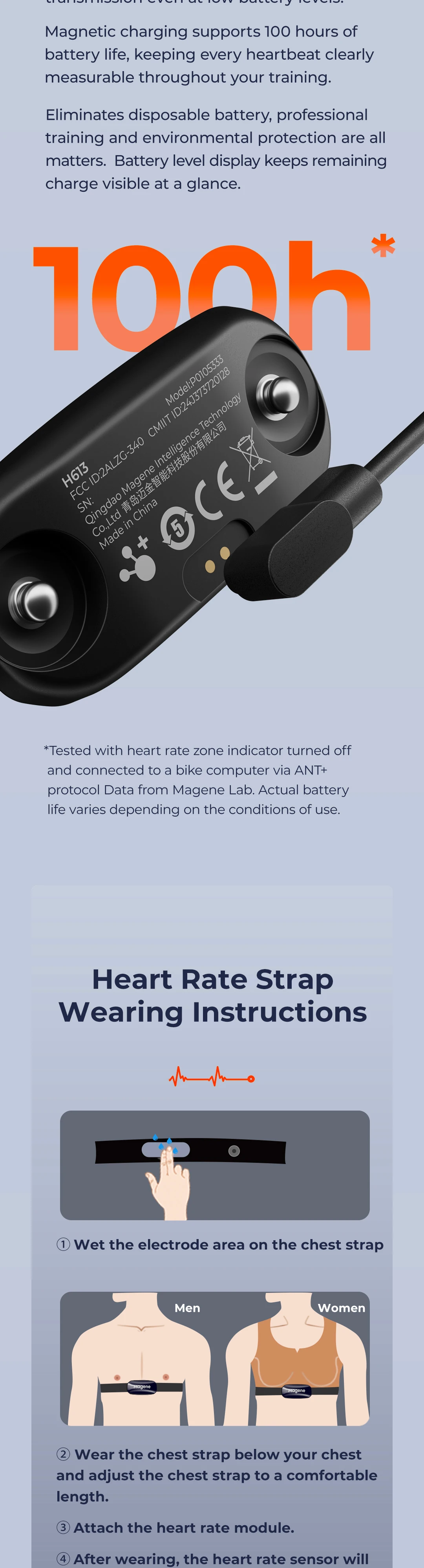Magene H613 Herzfrequenzmesser, geteilter Brustgurt, 3-Kanal-Bluetooth, wiederaufladbarer Herzfrequenzsensor, Gesundheits-App, kompatibel mit Zwift – Detail 9