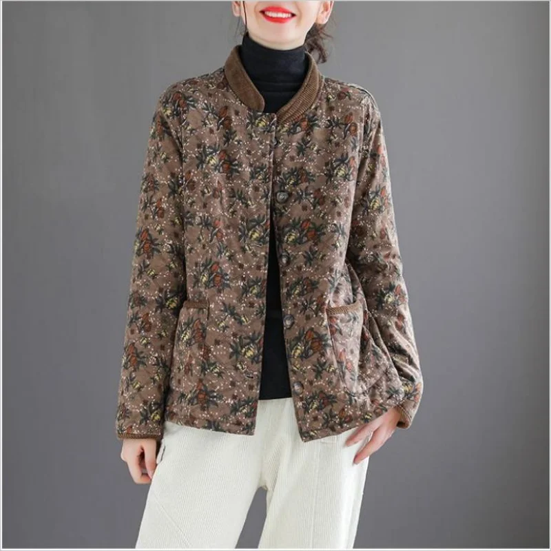 Women Vintage Stand Loose Print Floral Jacket Cotton Linen Long Sleeve Padded Coats 2024 Winter New Chinese Style Coat