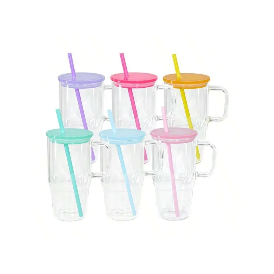 

20oz Glass Tumblers With Handle And Straw Clear Sublimation Cups, Set Of 6 In 6 Colors For DIY Printing, Coffee, Tea Or Gifts