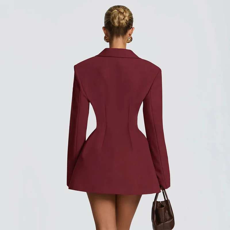Neu eingetroffen: Elegantes Blazerkleid in Uni-Farbe mit tiefem V-Ausschnitt und tailliertem Schnitt für Damen – Detail 33