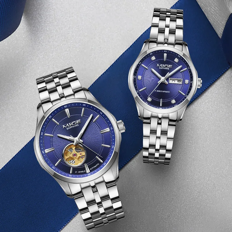 MIGE Couple Automatic Mechanical Watches Sapphire Glass Stainless Steel Strap Luminous Calendar Luxury Business Pair Wrist Watch
