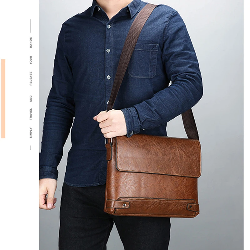 PU Leather Messenger Bag Briefcase Men Commuting Laptop Split Shoulder Executive Business Work Crossbody Side Bag Husband Male